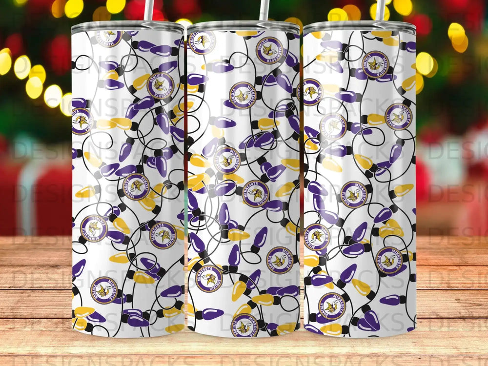 Minnesota Vikings logo and holiday lights on a patterned tumbler.