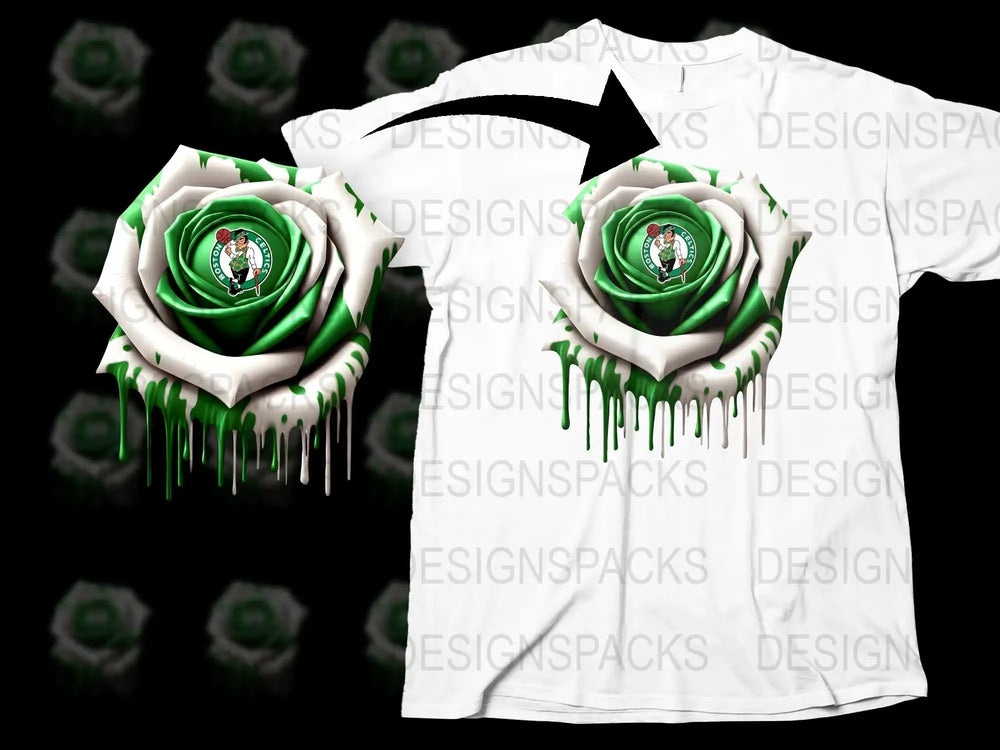 Unique Green and White Drip Rose Graphic T-Shirt, Stylish Floral Design Tee, Casual Streetwear