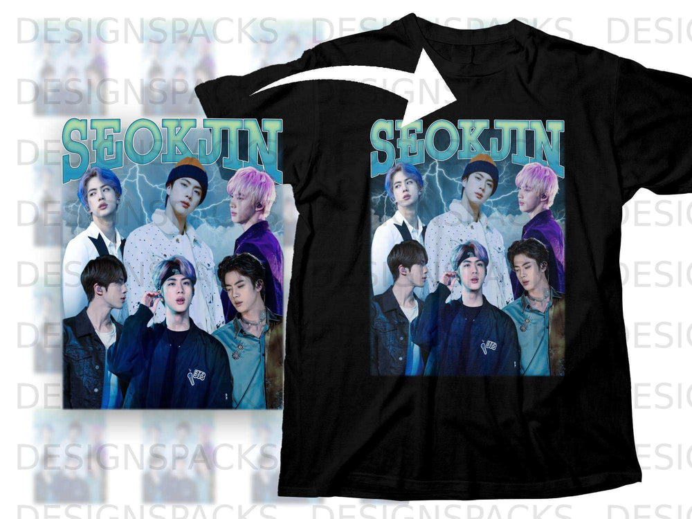 Black t-shirt mockup featuring BTS member Jin in multiple poses.