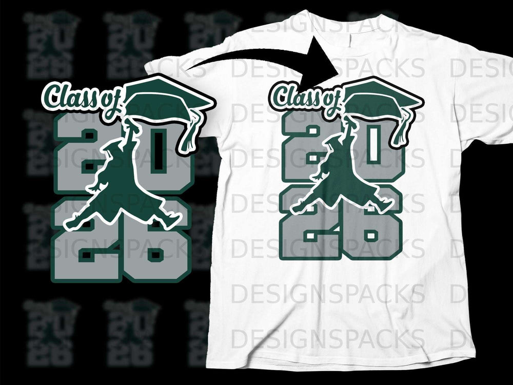Green and gray "Class of 2026" design with a graduation cap and figure on a white t-shirt.