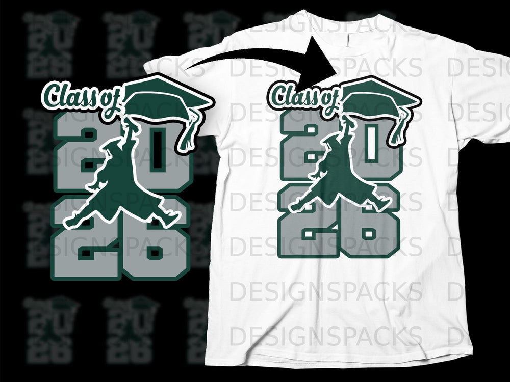 Green and gray "Class of 2026" design with a graduation cap and figure on a white t-shirt.