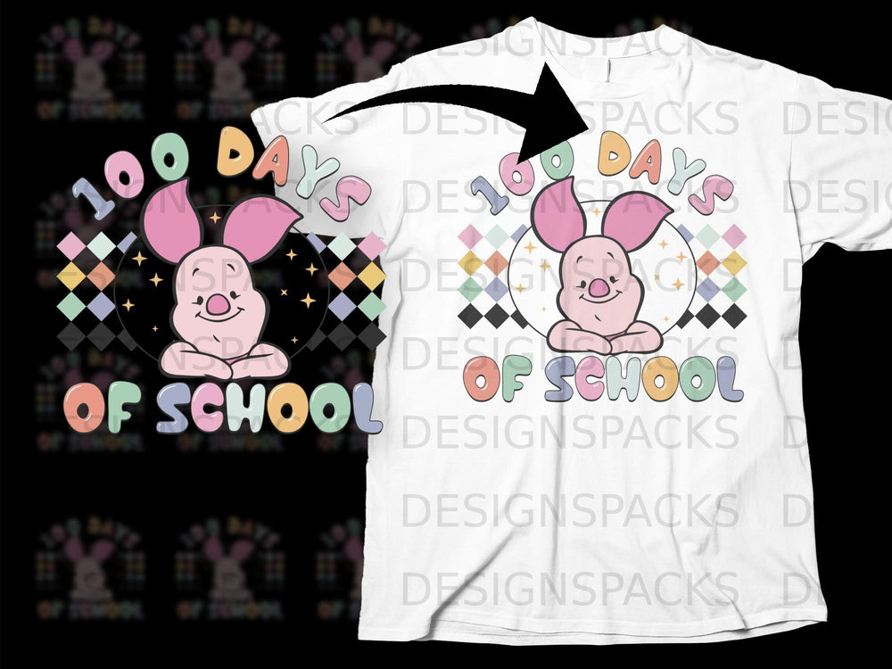 Piglet with "100 Days of School" text and colorful geometric shapes on a white t-shirt.