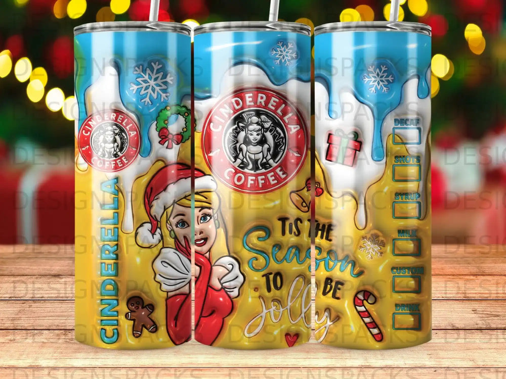 Cinderella coffee tumbler with holiday theme and coffee drink options.