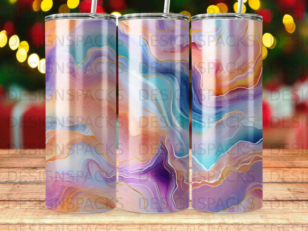 Tumbler with colorful abstract marble design and "DESIGNSPACKS" watermark.