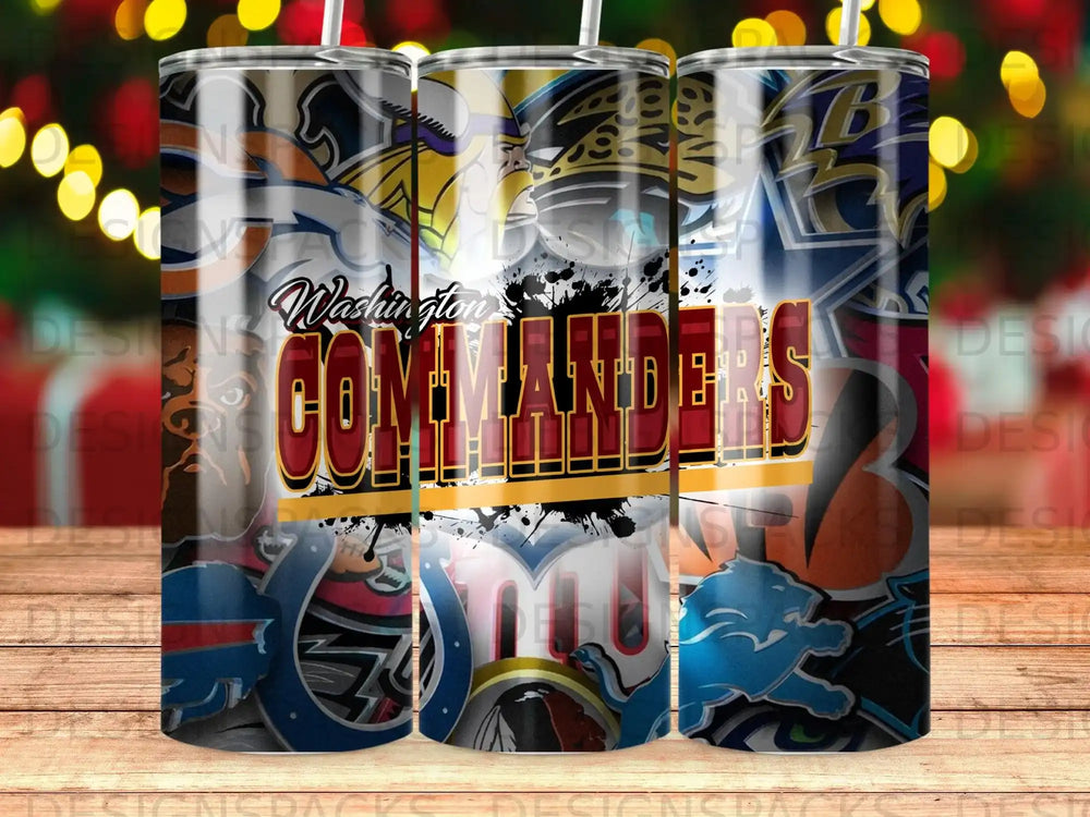 Washington Commanders logo on a patterned tumbler with sports team logos.