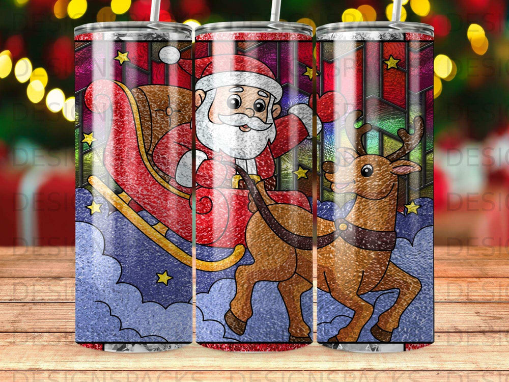 Santa Claus in sleigh pulled by reindeer, stained glass pattern.