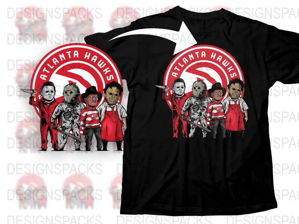 Atlanta Hawks Themed T-Shirt, Unique Horror Movie Characters Design, Basketball Fan Apparel