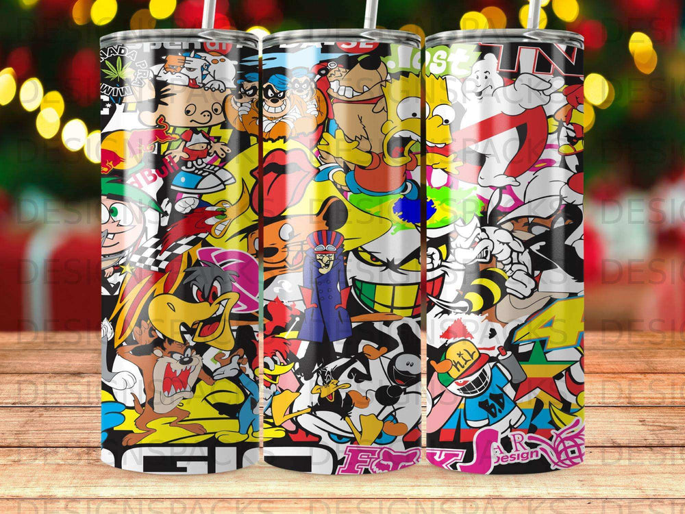 Collage of cartoon characters from various shows on three tumblers.