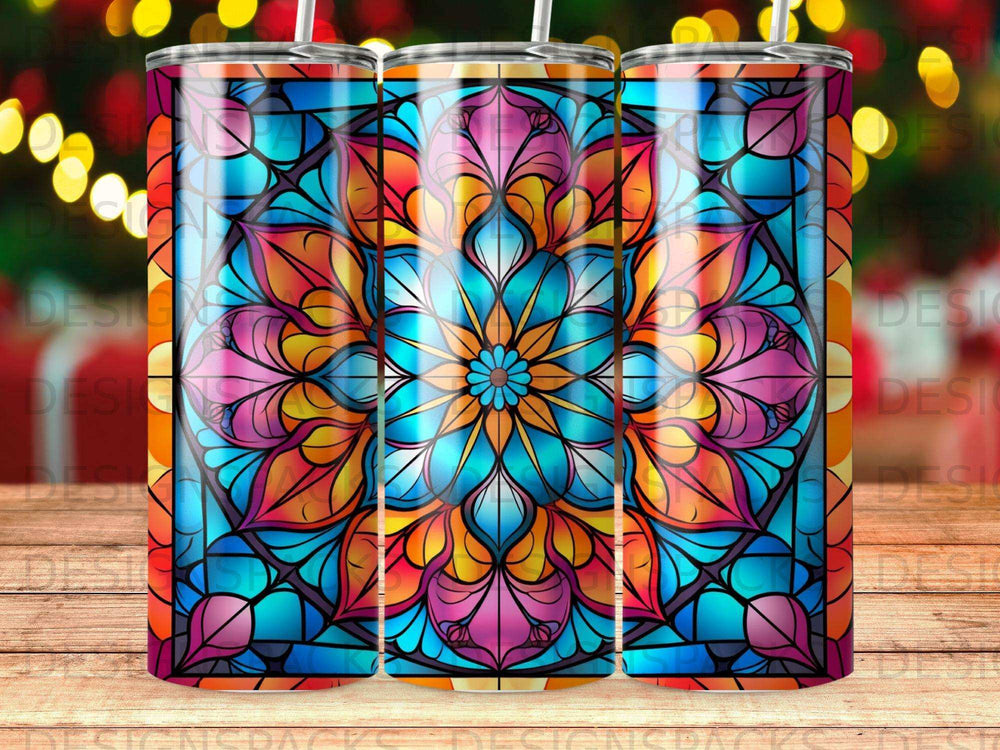 Colorful stained glass mandala pattern on three tumblers.