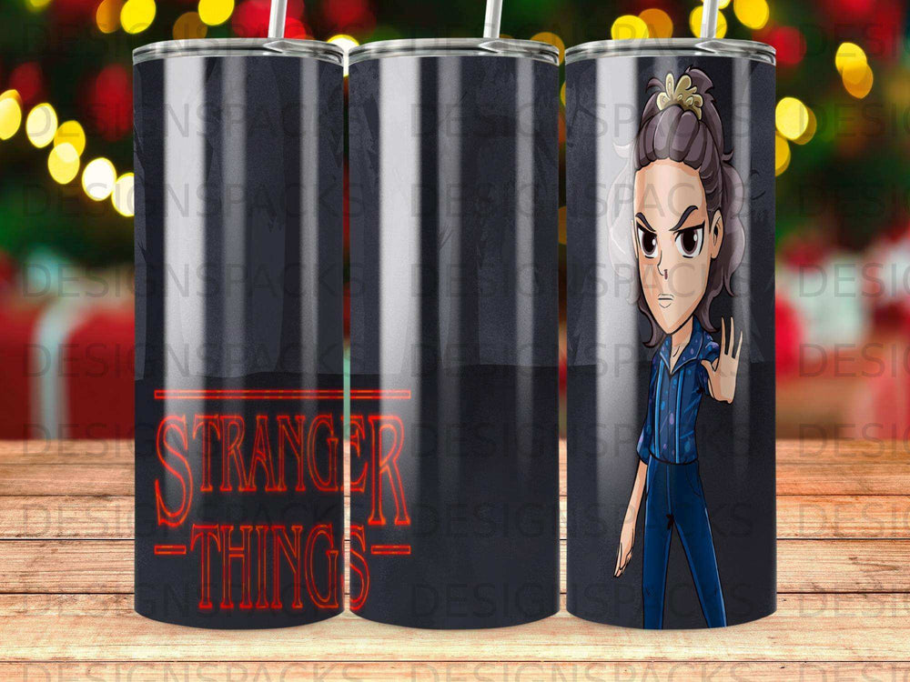 Eleven from Stranger Things on a tumbler with the show's logo.