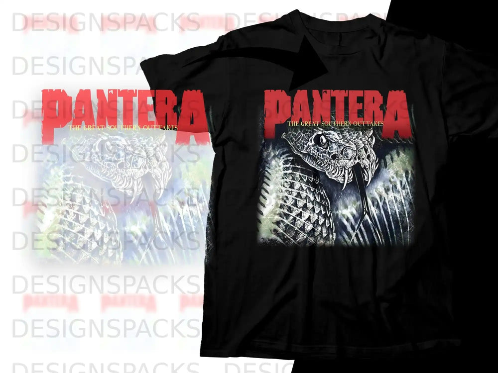 Black t-shirt with "PANTERA THE GREAT SOUTHERN OUTTAKES" and snake graphic.