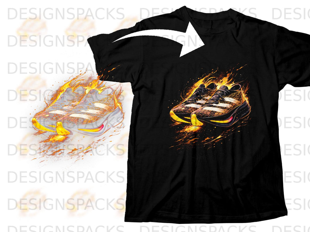 Black t-shirt with graphic of flaming athletic shoes.