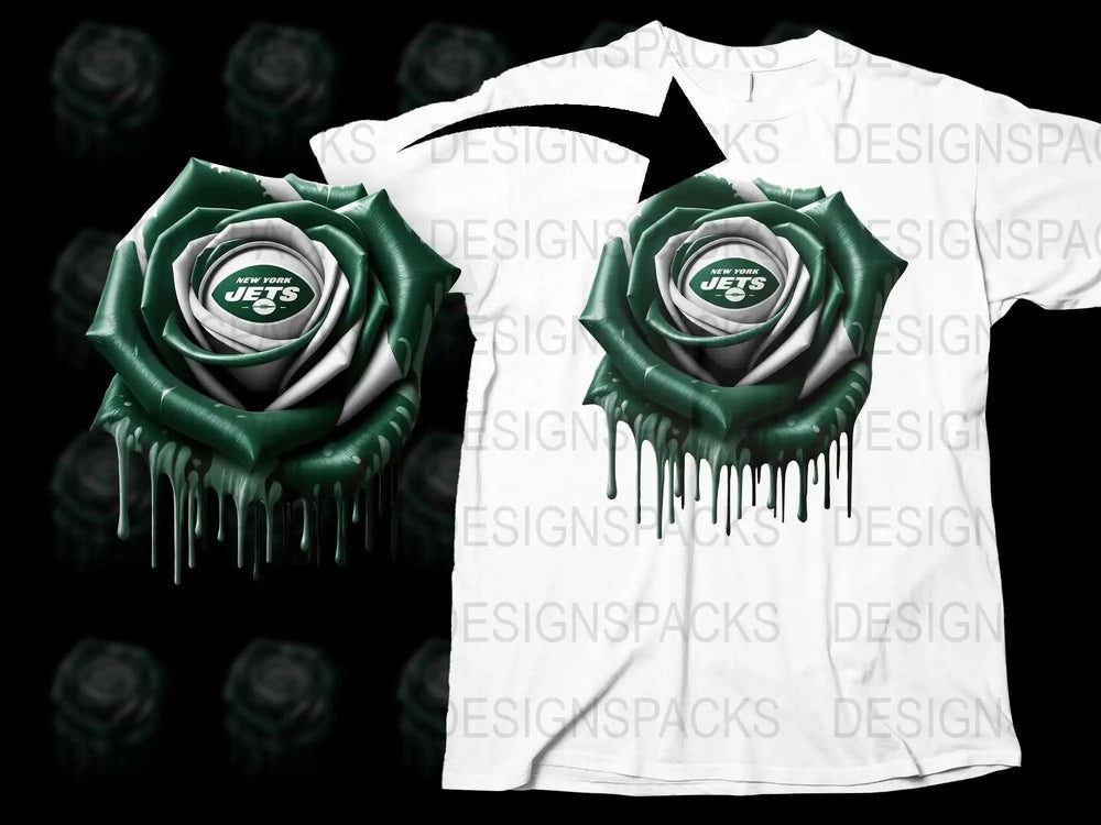 New York Jets Inspired Rose Logo T-Shirt, Green and White Sports Fan Apparel, Dripping Paint Design, Unisex Football Tee