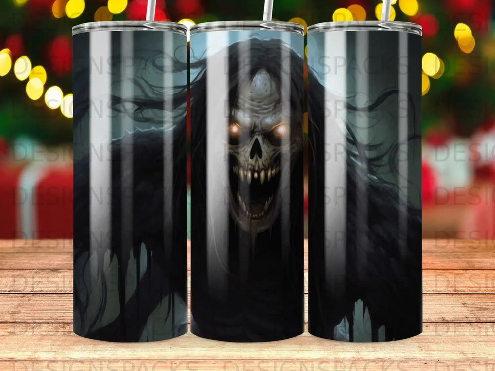 Scary skull with glowing eyes on a dark, textured tumbler.