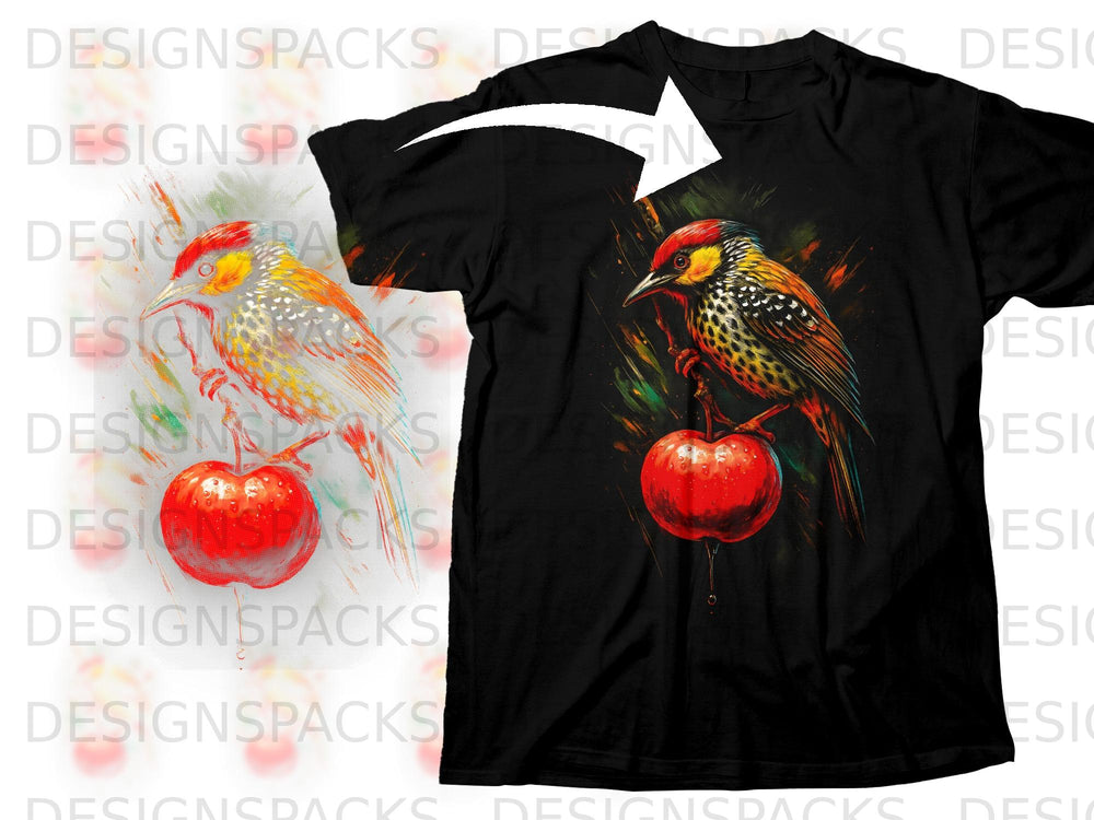 Black t-shirt with vibrant bird and apple artwork, watercolor style.