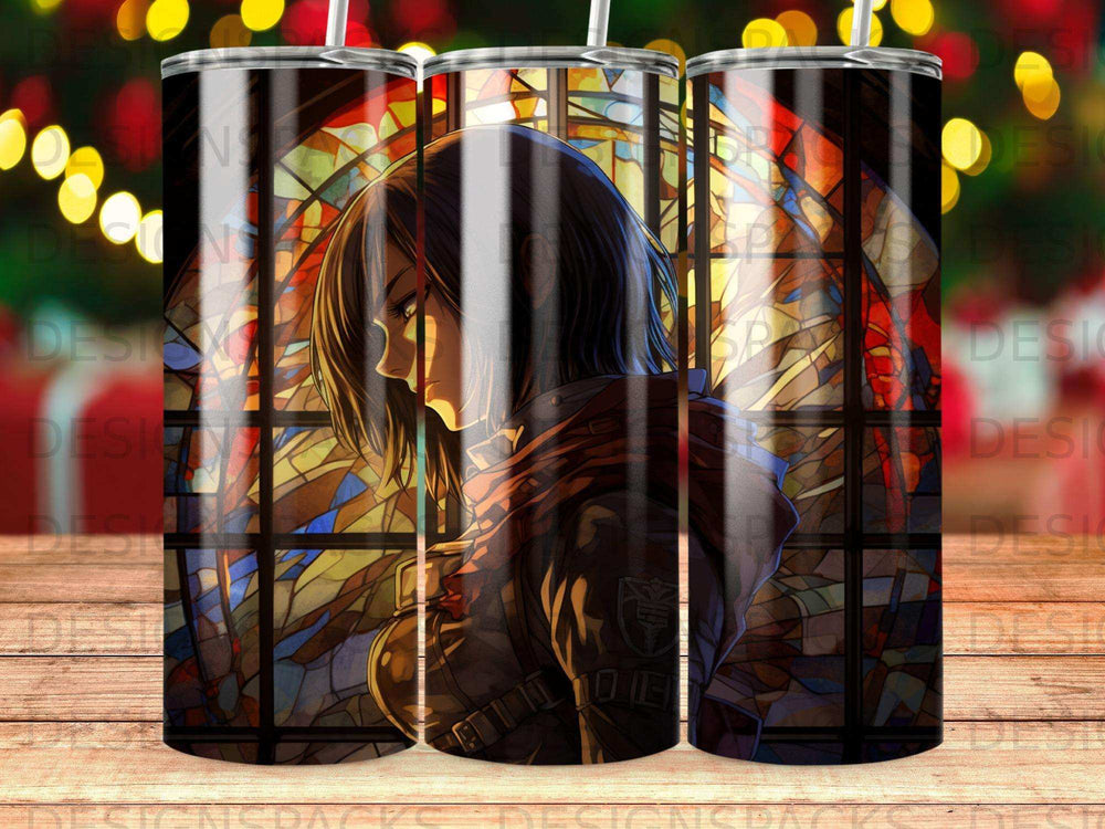 Anime character Mikasa Ackerman in front of a stained glass window.