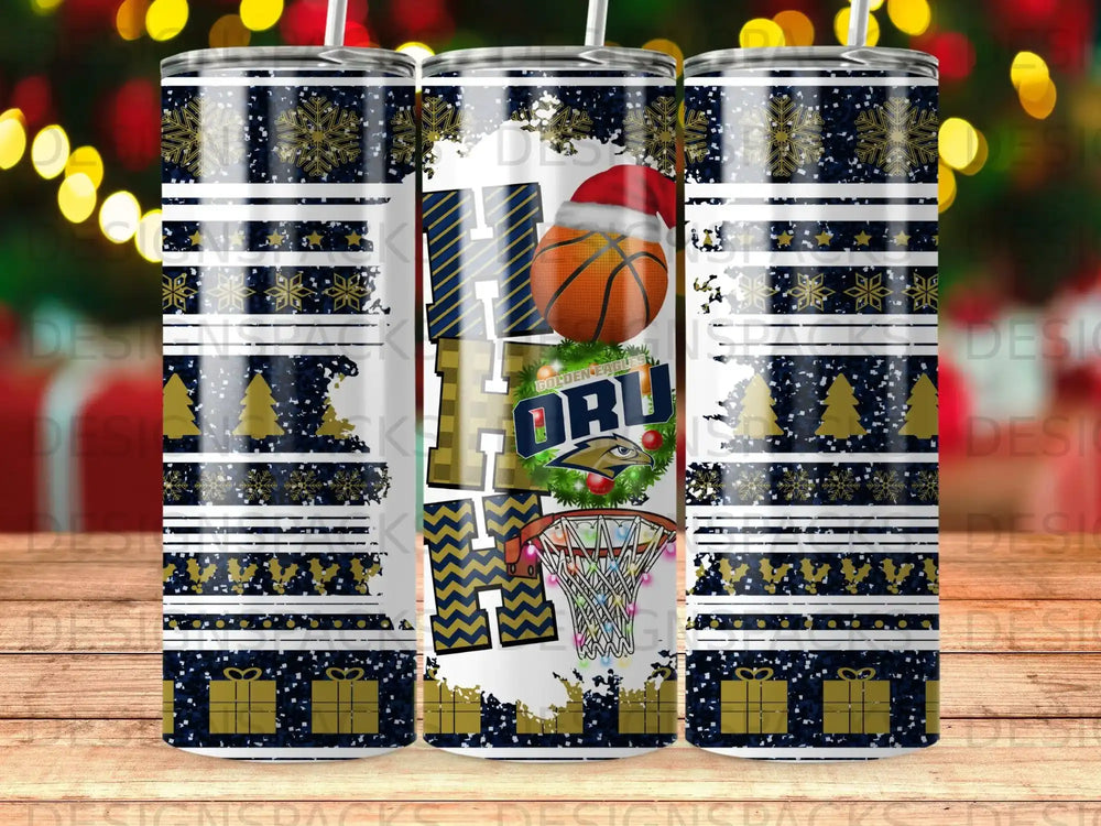 ORU basketball logo with holiday design and golden snowflakes on tumblers.