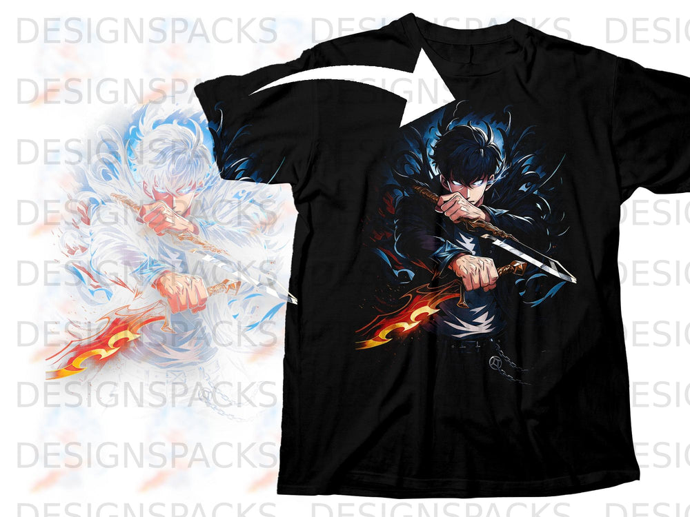 Black t-shirt featuring anime character with glowing swords and blue energy.