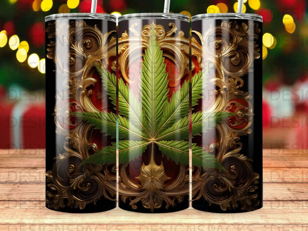 Green cannabis leaf centered on ornate gold and red decorative background.