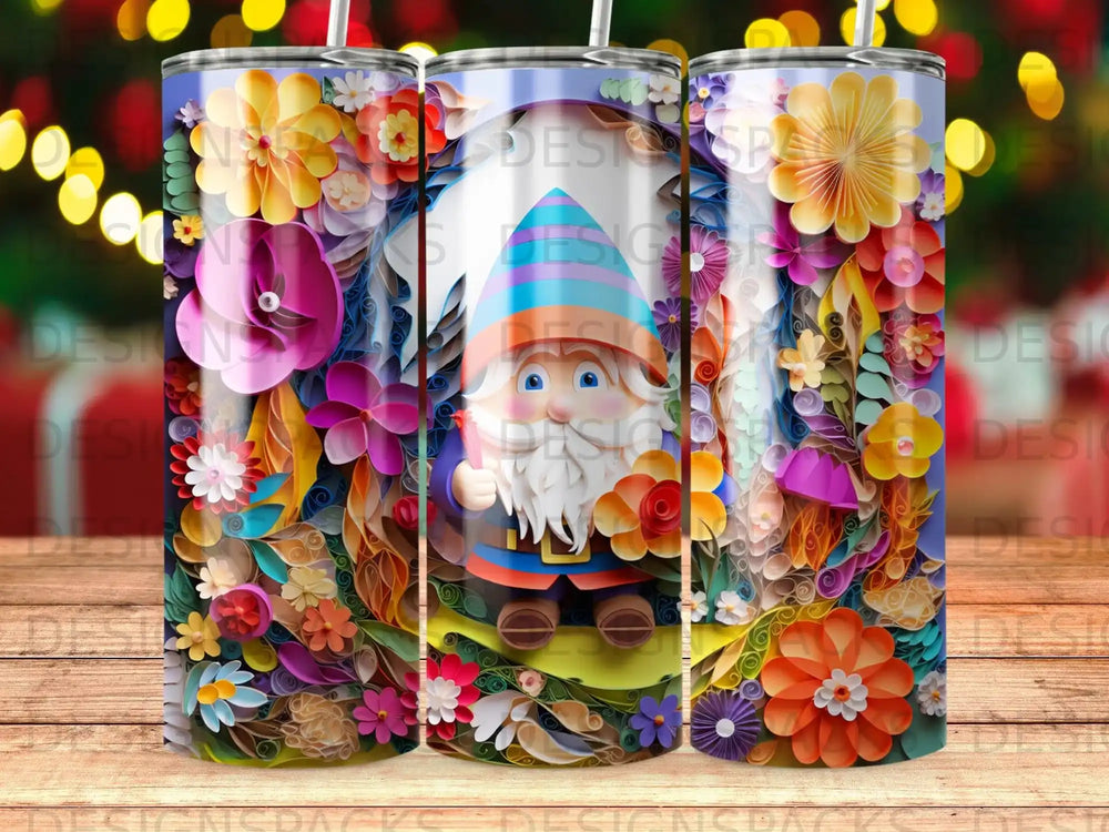 Gnome surrounded by vibrant paper flowers and foliage.