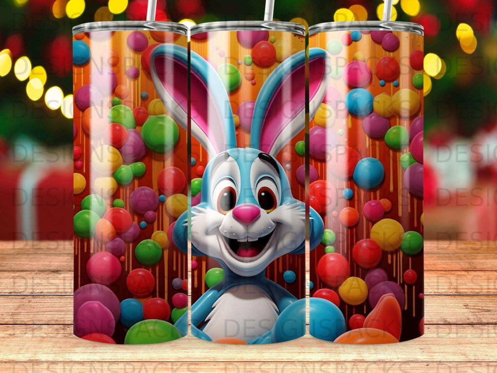 Blue bunny with pink ears and nose among colorful candy balls on a striped background.