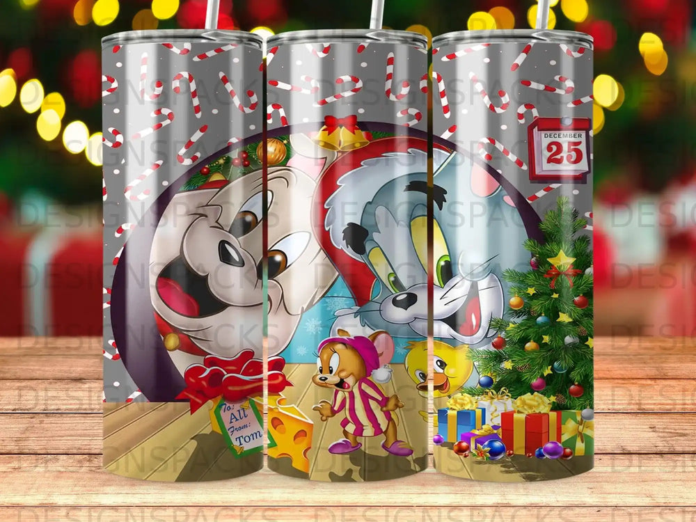 Tom and Jerry with presents under a Christmas tree.