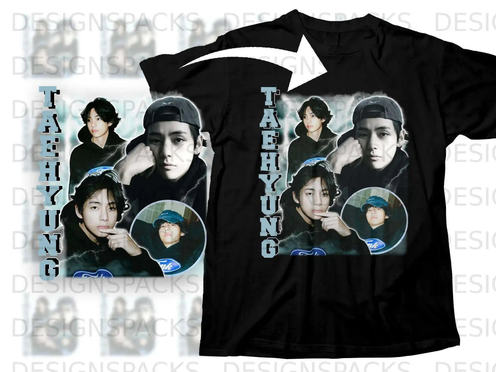 Black t-shirt with collage of Taehyung images and "TAEHYUNG" text.