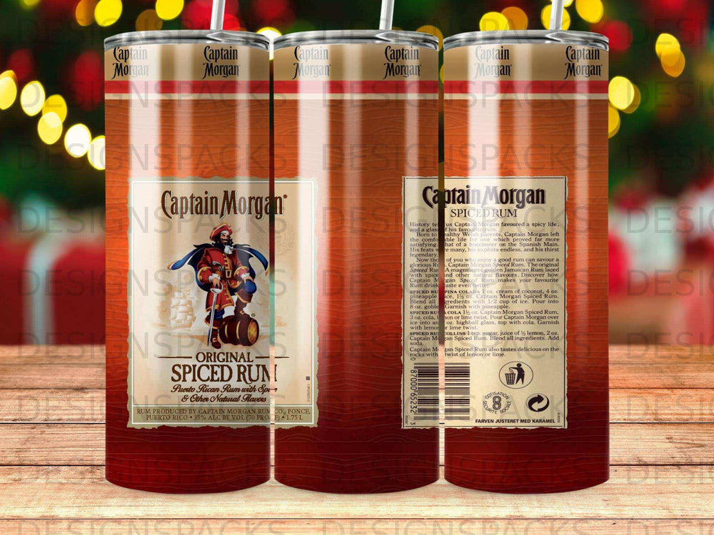 Captain Morgan Original Spiced Rum bottle with "Spiced Rum" text and rum recipe suggestions.