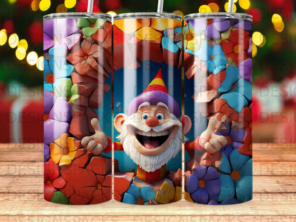 Happy gnome with flowers and abstract elements, shown on a tumbler.
