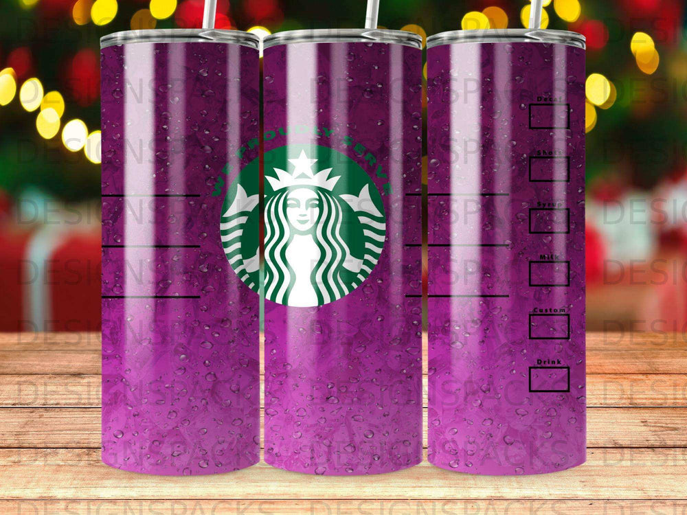 Purple tumbler with Starbucks logo and customizable drink options.