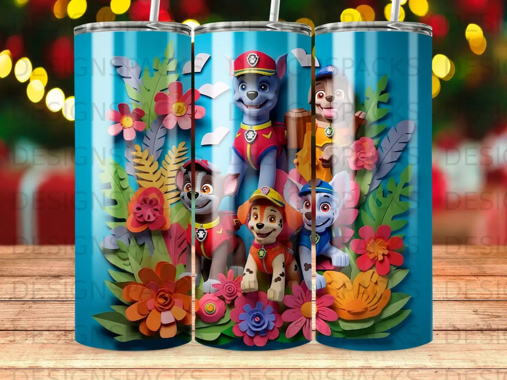 Paw Patrol characters with colorful paper flowers on a teal patterned background.