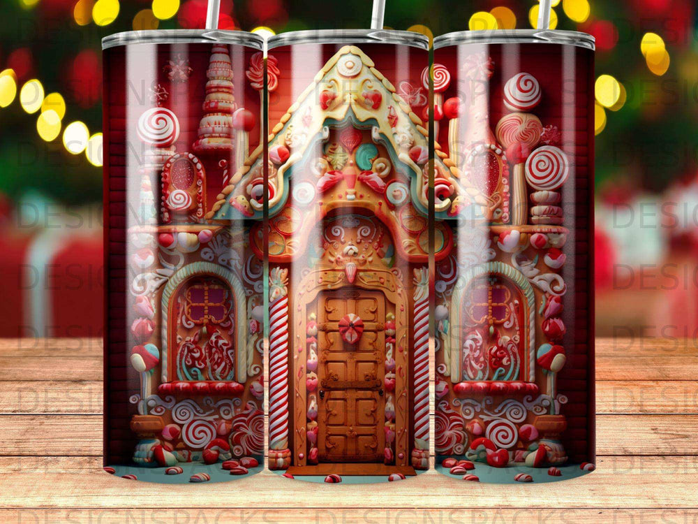 Gingerbread house adorned with candy, lights, and festive details.