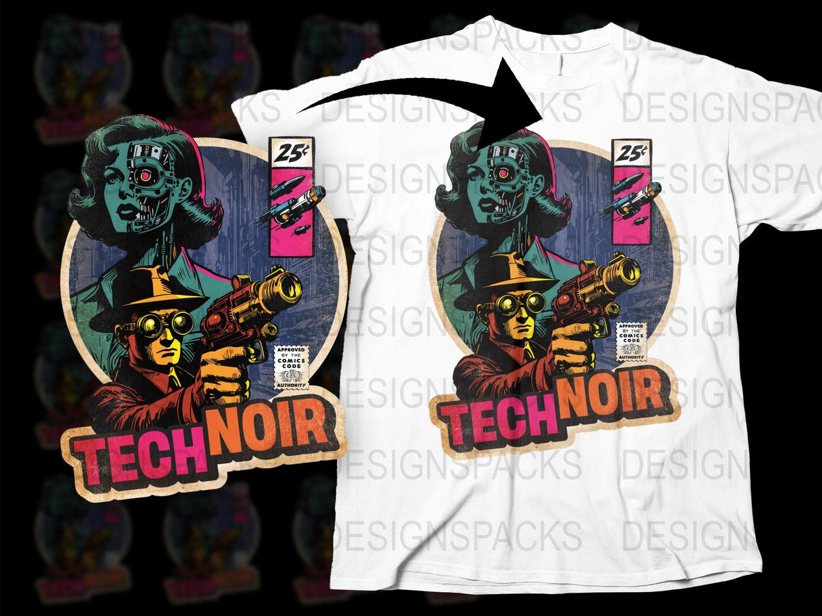 Vintage Tech Noir Robot T-Shirt, Retro Sci-Fi Comic Graphic Tee, Unisex Cotton Shirt, Unique Gift Idea