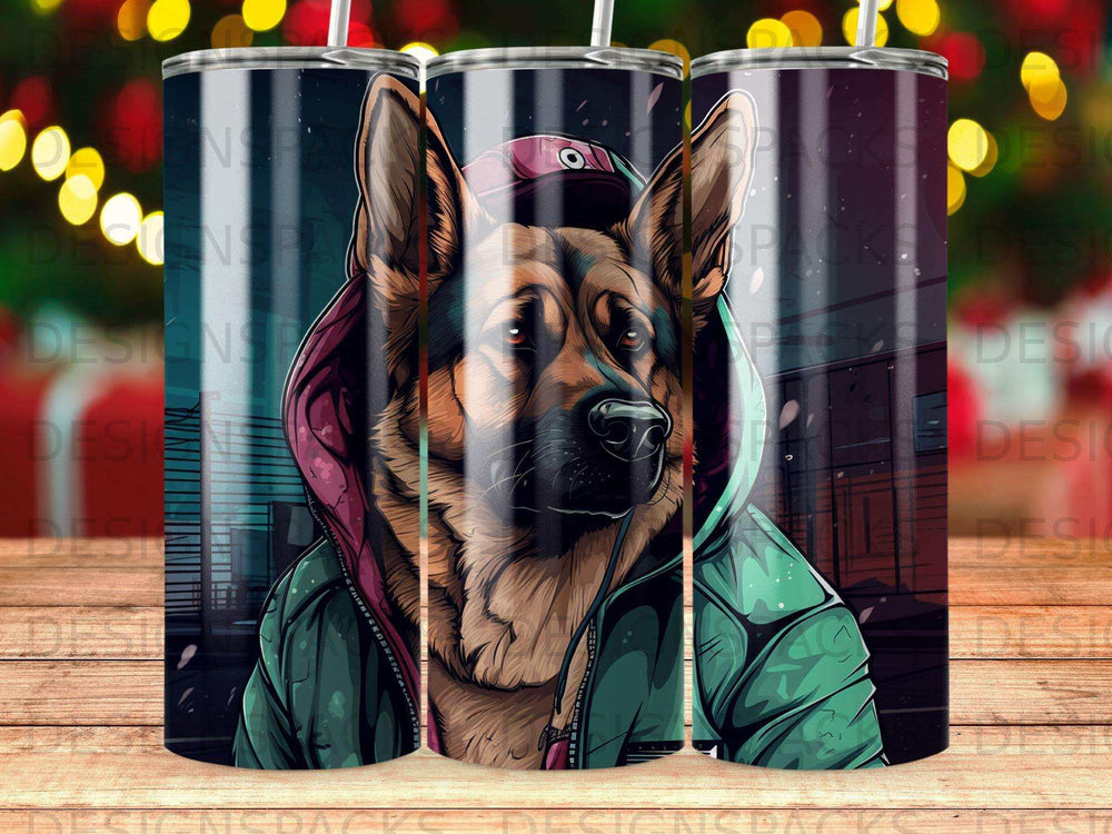 German Shepherd wearing a hoodie and jacket against a city backdrop.