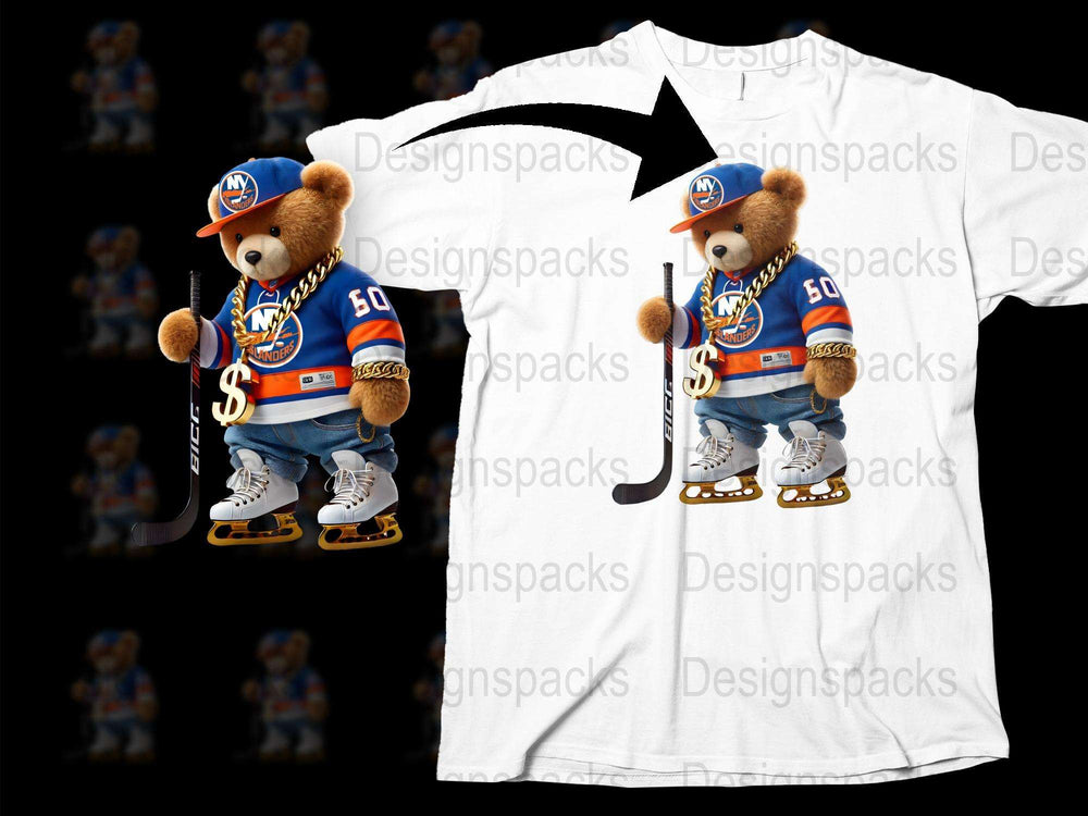 New York Islanders Hockey Teddy Bear Graphic T-Shirt, Casual Sports Tee, Unisex Adult Clothing