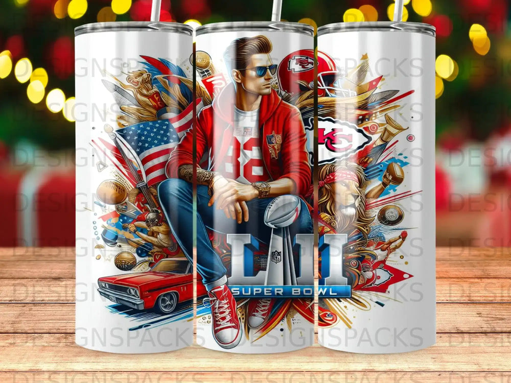 Kansas City Chiefs Super Bowl tumbler with American flag and classic car.