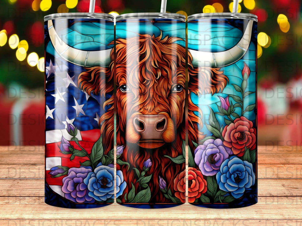 Highland cow with American flag and flowers, detailed illustration.