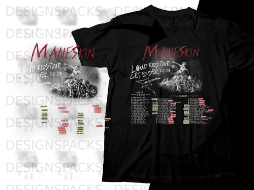 Maneskin Loud Kids Tour Get Louder 2022-2023 t-shirt with North America and Europe tour dates.