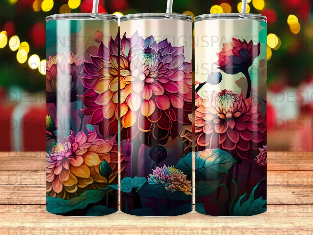 Three tumblers with colorful dahlias and abstract patterns.