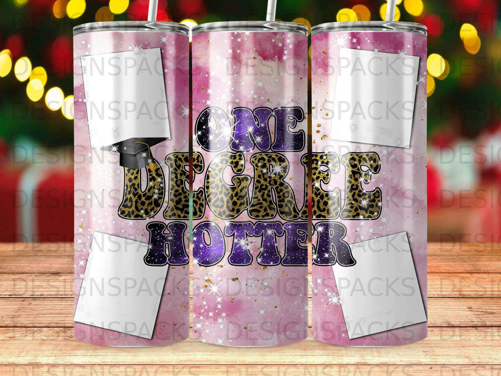Tumbler with "one degree hotter" leopard print design and purple sparkly accents.