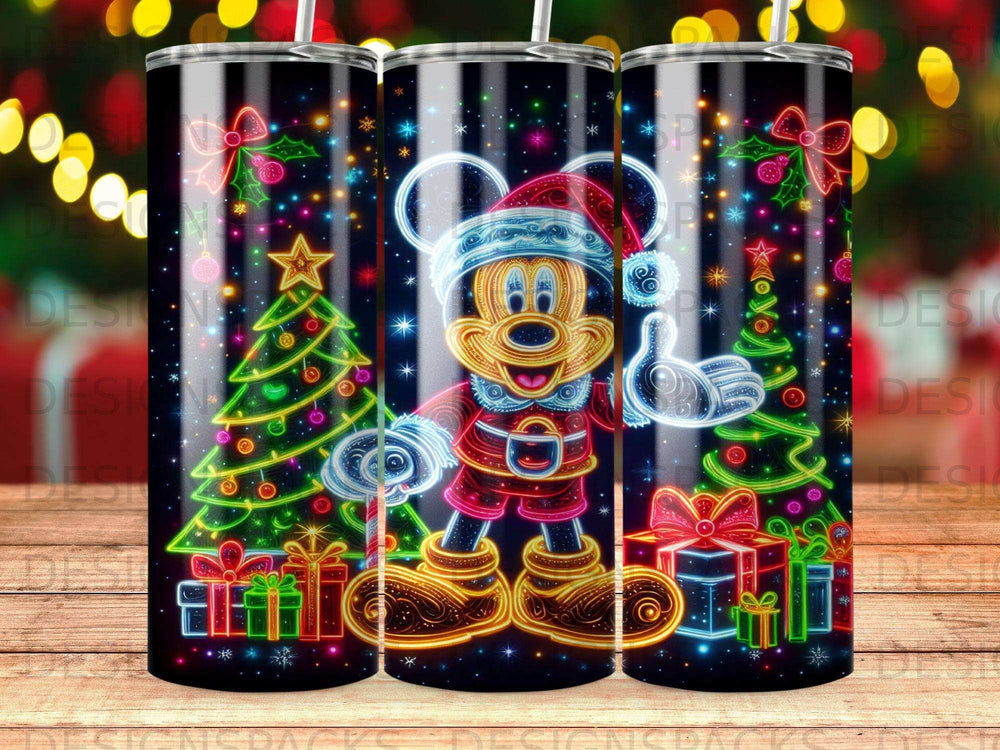 Mickey Mouse in Santa hat with Christmas tree and presents, neon glow design.