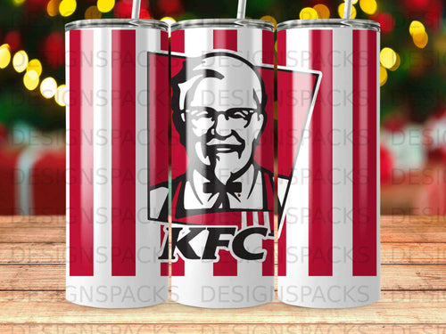 KFC Colonel Sanders logo on a red and white striped tumbler with a straw.