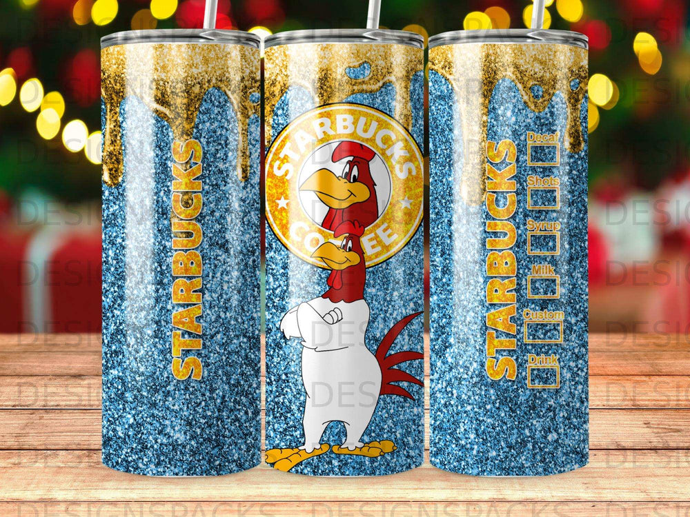 Starbucks tumbler with rooster, glitter, and gold drip design.