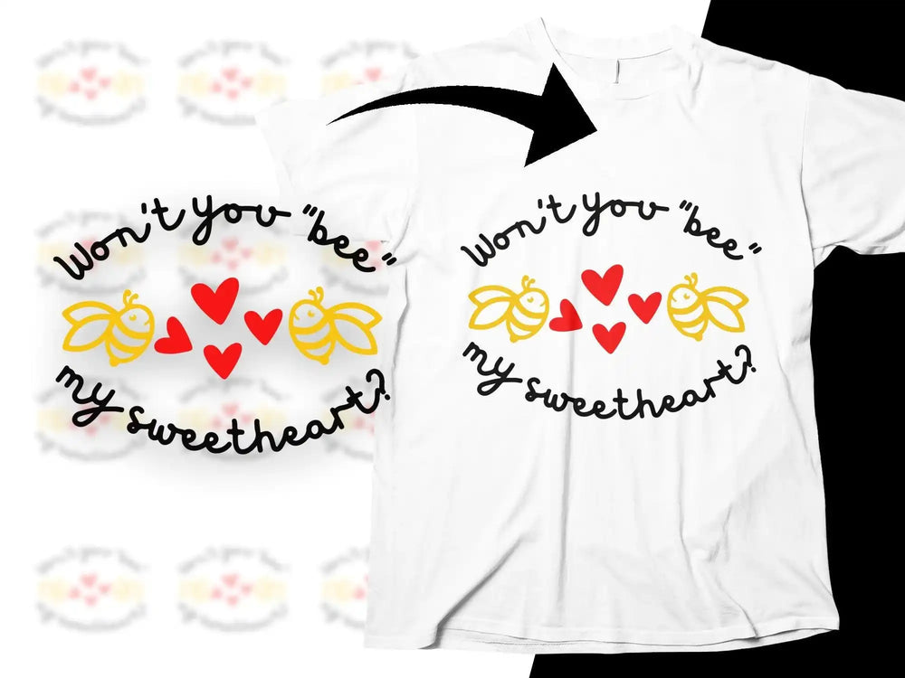 White t-shirt with 'Won't you bee my sweetheart?' design, featuring yellow bees and red hearts.