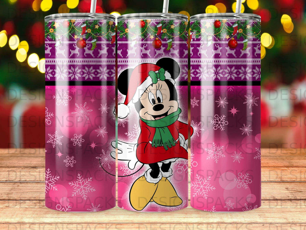 Minnie Mouse in Santa hat and coat with festive Christmas pattern.