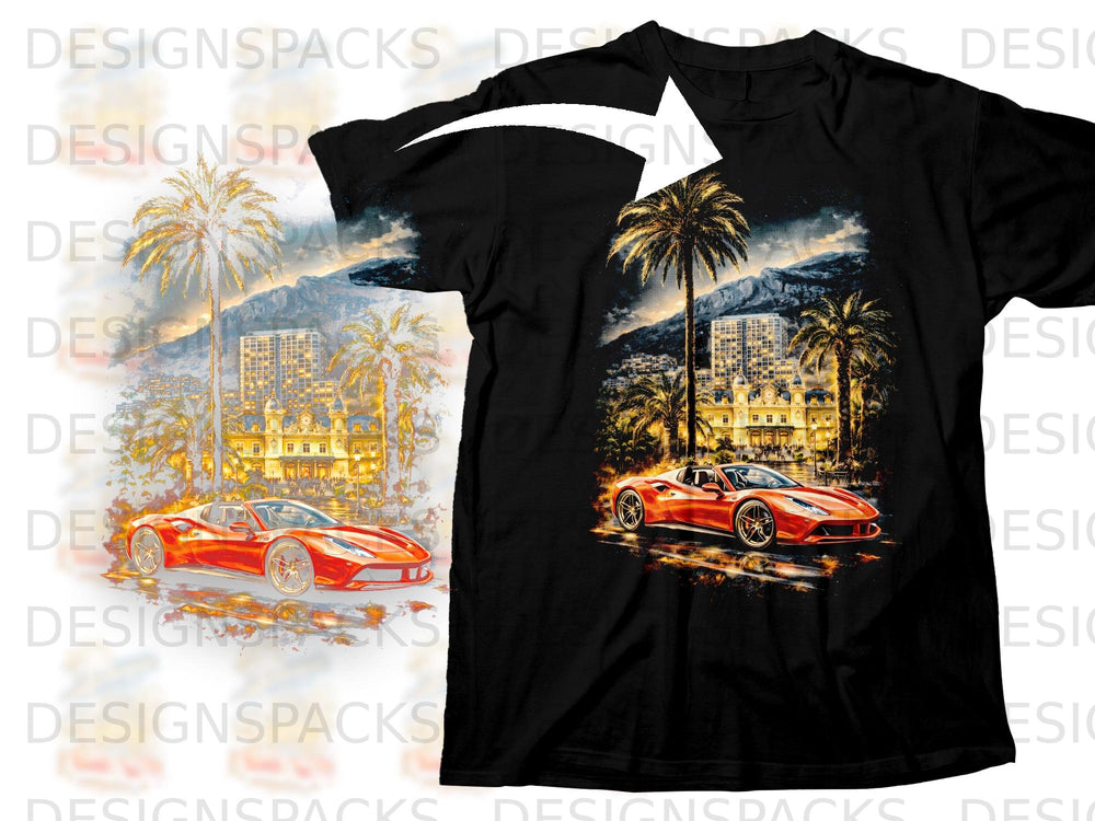 Black t-shirt with a graphic of a red sports car in front of palm trees and a building.