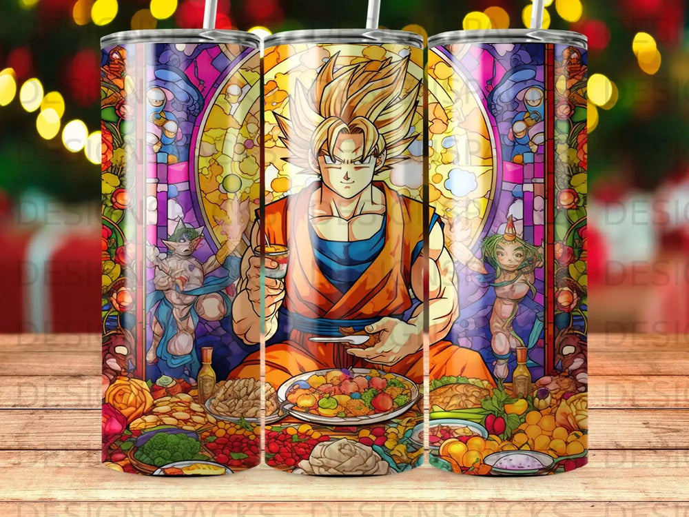 Goku eating from a large platter surrounded by stained glass figures and food.