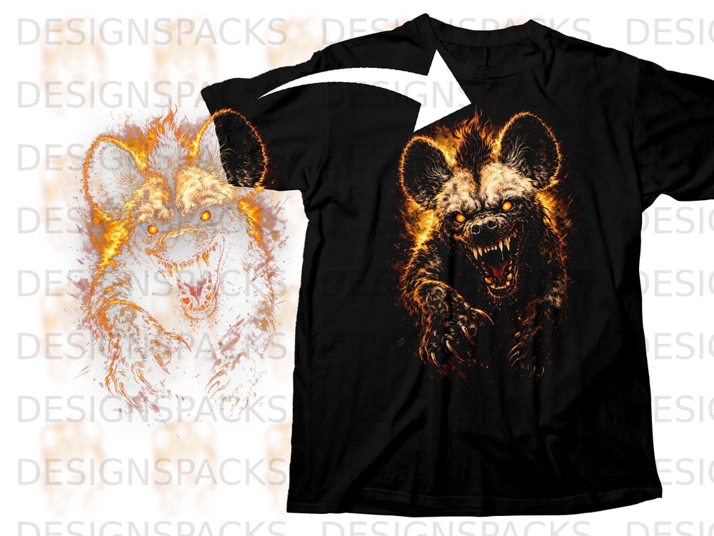 Black t-shirt with a fiery hyena graphic and white arrow overlay.