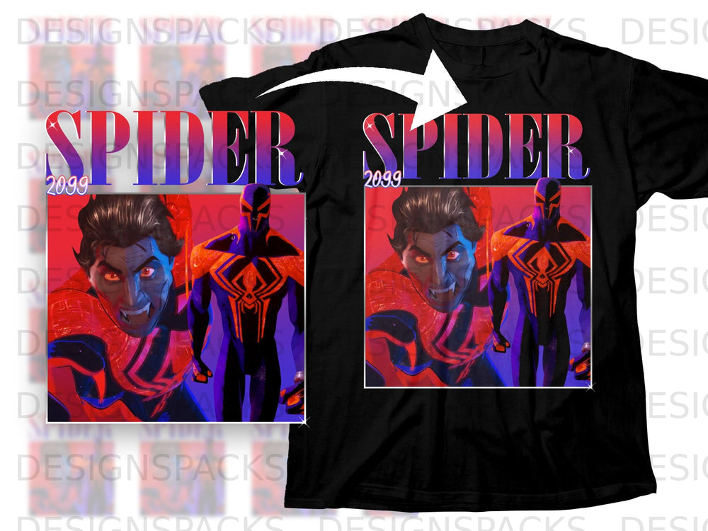 Black t-shirt with Spider-Man 2099 graphic featuring close-ups of the character.