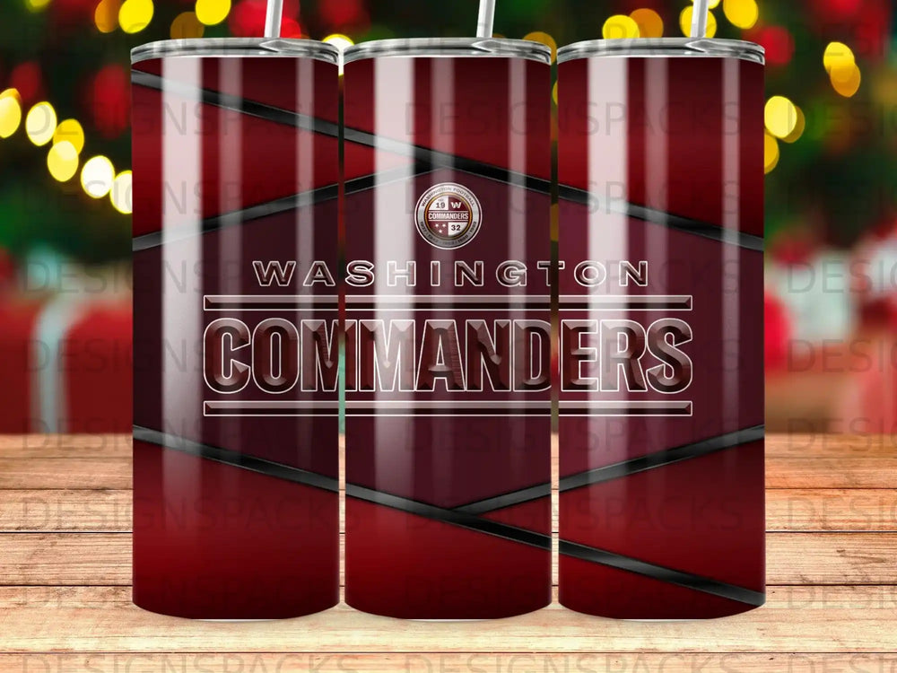 Washington Commanders logo and team name on a tumbler with red, black, and white stripes.